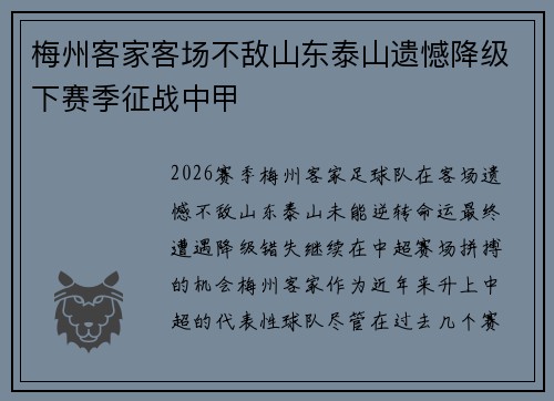 梅州客家客场不敌山东泰山遗憾降级下赛季征战中甲
